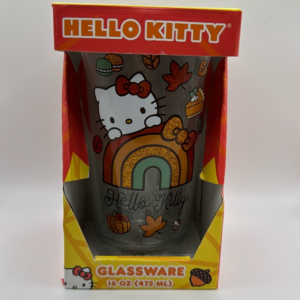 Hello Kitty Fall Autumn Rainbow Glitter‎ 16oz Glass Cup Tumbler